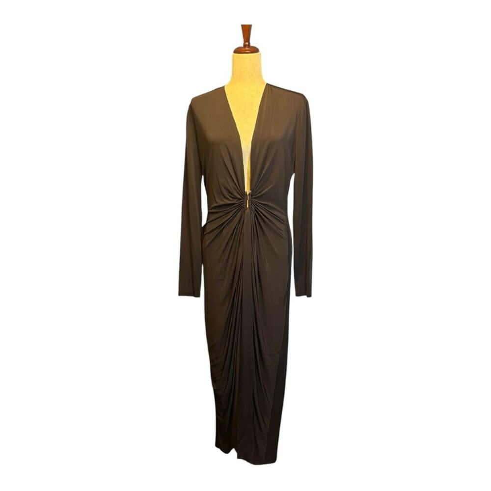 NWT BCBGMaxAzria Burgundy Ruched Deep V Bodycon Gown Size Large M0258